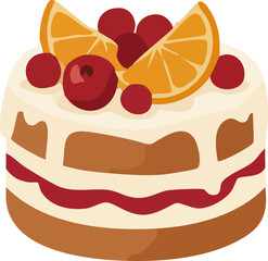 A festive layered cake decorated with bright orange slices and red berries, illustrated in a cozy flat style for winter and holiday themes.