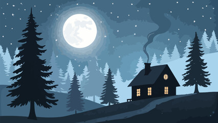 Enchanting winter cabin silhouette under a glowing moon in a serene forest landscape scene