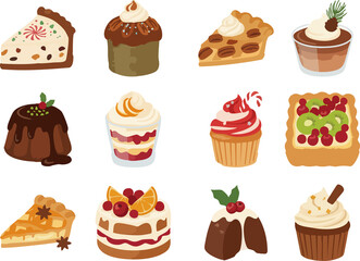 A festive collection of Christmas desserts including pies, cupcakes, puddings, trifles, and fruit tarts, illustrated in a cozy flat style with warm holiday colors.