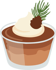 A creamy chocolate dessert served in a glass cup, topped with whipped cream and a tiny pinecone decoration for a festive winter look.