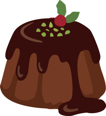A rich chocolate pudding covered in glossy melted chocolate and topped with berries and green sprinkles, illustrated in a cozy festive flat style.