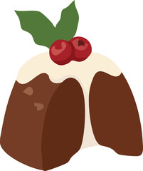 A classic Christmas pudding topped with creamy icing, red berries, and holly leaves, illustrated in a warm and cozy flat style.