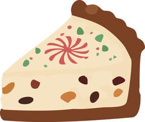 A festive slice of creamy holiday cheesecake with colorful candy pieces and a decorative peppermint swirl, illustrated in a warm cozy flat style.