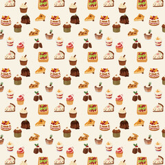 A seamless festive pattern featuring assorted Christmas desserts such as cakes, pies, cupcakes, puddings, and trifles, illustrated in a warm cozy flat style on a light background.