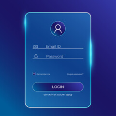 Vector registration or login screen on a blue background with a glass effect