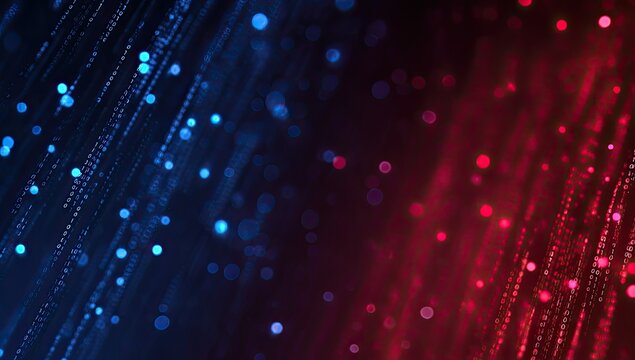 Abstract digital art featuring blue and red light streaks and bokeh against a dark backdrop - Powered by Adobe