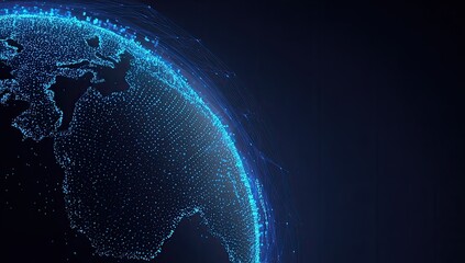 Digital representation of the Earth, illuminated by glowing blue particles in a dark space