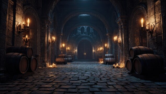 Dimly lit stone cellar with arched ceiling and barrels lining the walls