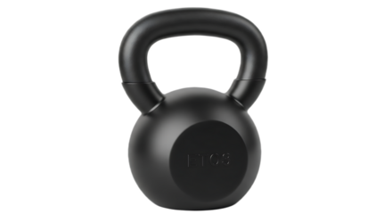 Isolated close up of a black kettlebell with a handle on a black background in a studio setting