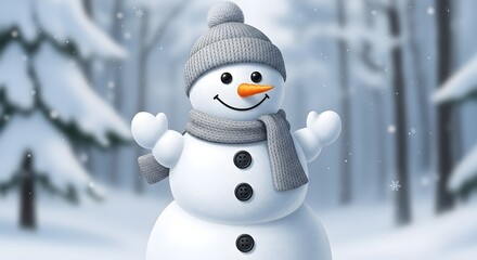 Cheerful snowman with carrot nose and scarf stands in a snowy winter wonderland