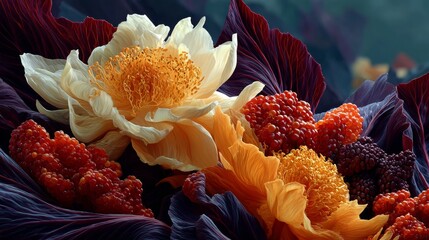 Abstract, vibrant composition featuring richly textured white and orange flowers surrounded by deep purple leaves and clusters of red berries.