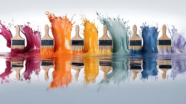 A vibrant assortment of paintbrushes, each exploding with a unique color, creates a stunning splash effect against a pristine white backdrop, isolated on white background