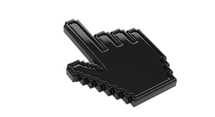 A shiny black pixelated hand pointer cursor on a black background in a studio shot style image