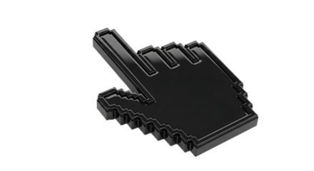 A shiny black pixelated hand pointer cursor on a black background in a studio shot style image