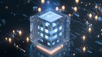 Futuristic cube transparent glass digital chip quantum circuit glowing lights cyber grid data core 3D render tech background sci fi scene convey innovation precision modern computing with data cube - Powered by Adobe