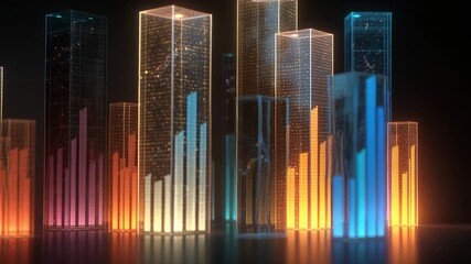Futuristic data analytics finance growth business chart bar neon glow city skyline of glass skyscrapers with glowing bar charts and line graphs, digital technology night scene showing finance data - Powered by Adobe