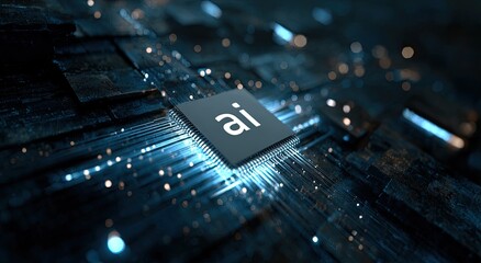 Macro shot of a circuit board with a central processor labeled "ai," illuminated with glowing lights