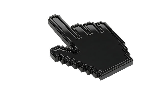 A shiny black pixelated hand pointer cursor on a black background in a studio shot style image