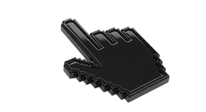 A shiny black pixelated hand pointer cursor on a black background in a studio shot style image