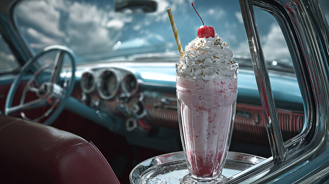 A refreshing milkshake with cherry in classic car window. It's a sweet indulgence and a nostalgic journey. The creamy texture and vibrant colors are very tempting