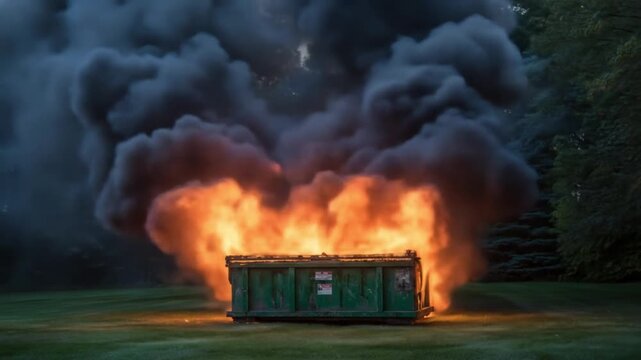 Green dumpster burns on a grassy field, fierce orange flames and dark smoke rise with blazing flames