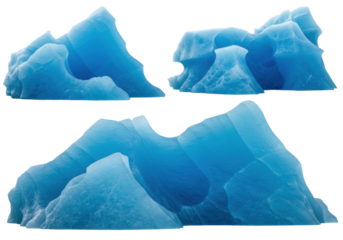 three monumental glacial icebergs, featuring stark white peaks and deep cerulean cores, macro detail, isolated on transparent background for copy space. concept of arctic fragility