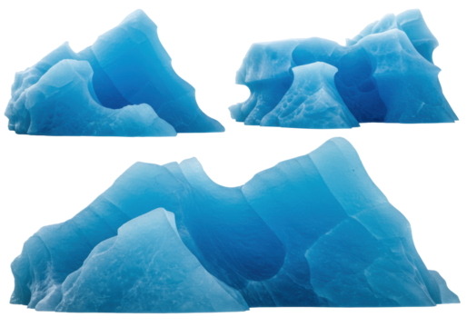 three monumental glacial icebergs, featuring stark white peaks and deep cerulean cores, macro detail, isolated on transparent background for copy space. concept of arctic fragility