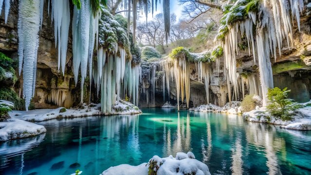 Cenote ik kil with icicles in yucatan, mexico