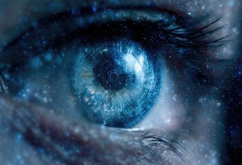 Close-up shot of a human eye reimagined with a digital and cosmic overlay