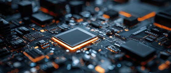 Close-up shot of a complex circuit board with glowing orange accents and a central processor