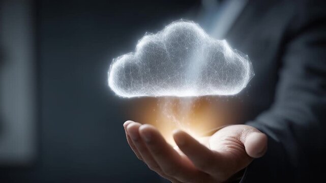 Futuristic hologram glowing hand technology innovation digital light energy concept for business, cloud data network storage computing security with virtual service hovering above palm, modern