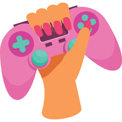 Orange Hand Holding Pink Video Game Controller With Teal Buttons And Pink Fingernails Isolated On White Background Fun Gaming Concept