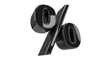 A glossy black percentage sign floating against a stark black background in a studio setting