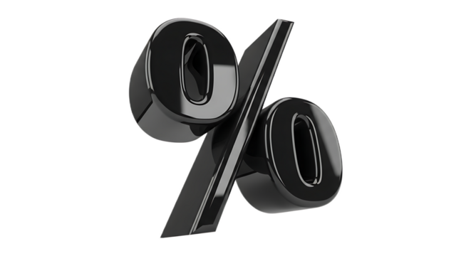 A glossy black percentage sign floating against a stark black background in a studio setting