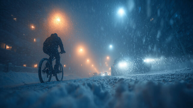 cyclist riding through heavy snowfall on winter night street