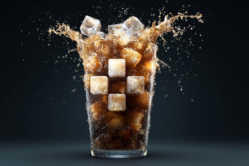 Refreshing dark beverage in a glass with ice cubes creating an exciting splash on a dark background