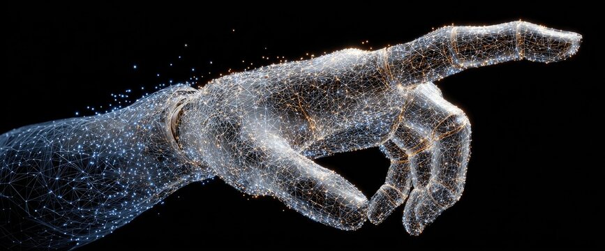 A hand formed from digital particles points toward a distant space, rendered on a black background