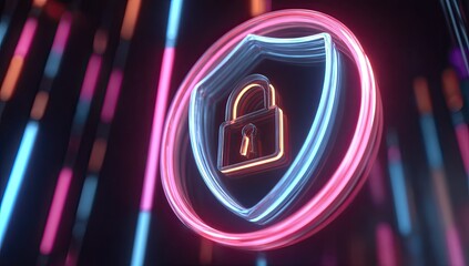 Neon-lit security icon, shield and padlock, glowing with vibrant blues, pinks, and oranges