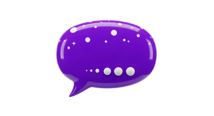 Isolated purple speech bubble with white dots and stars on a black background in a rendered style