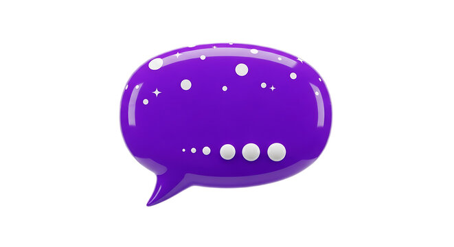 Isolated purple speech bubble with white dots and stars on a black background in a rendered style