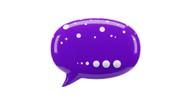Isolated purple speech bubble with white dots and stars on a black background in a rendered style