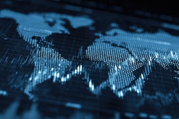 A dark blue world map with overlaid data representation, suggesting global markets