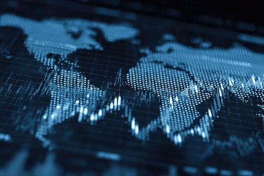 A dark blue world map with overlaid data representation, suggesting global markets