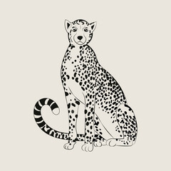 Vector hand drawn minimalistic illustration of cheetah. Creative artwork. Template for card, poster, banner, print for t-shirt, pin, badge, patch. Logo. Black and beige