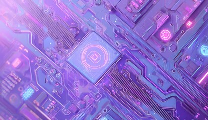 Rendered digital circuit board with components, glowing lights, and electrical pathways