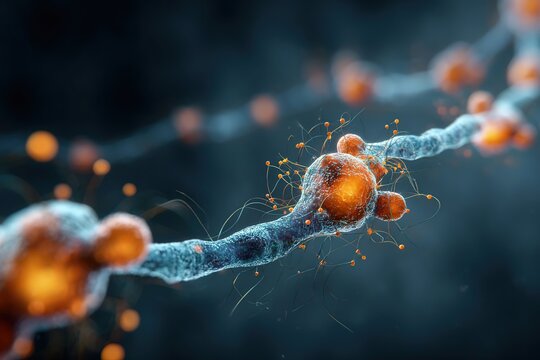 Intricate 3D illustration of interconnected neurons with glowing synapses, showcasing the complexity of neural networks and the beauty of biological communication in a dark background