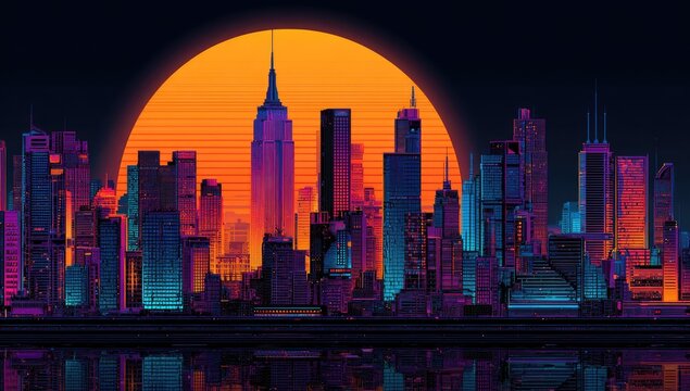 Digital cityscape at dusk; buildings silhouetted against a vibrant orange sunset backdrop
