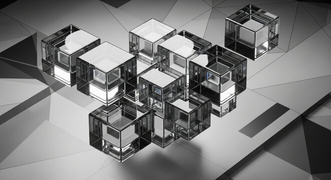 Abstract arrangement of transparent glass cubes on a geometric reflective surface, symbolizing data or modular technology.