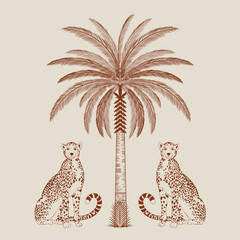 Vector logo design template with palm tree and cheetah. Template for card, poster, banner, logo, pin. Brown and beige. Luxury © Anton