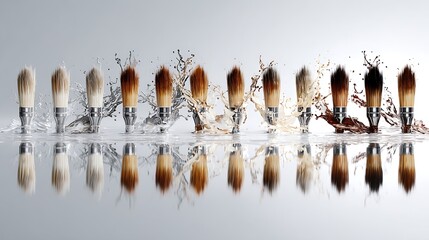 A diverse collection of paintbrushes with neutraltoned paint splashing from the bristles, creating a subtle and artistic effect isolated on white background